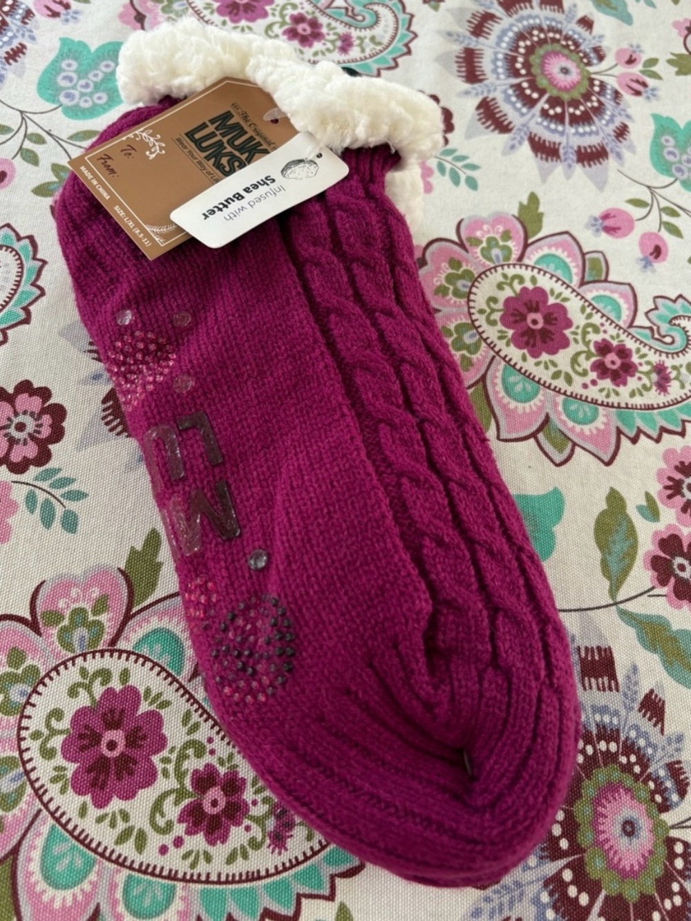 Muk Luks Shea Butter Infused, Cable-Knit, Sherpa-Lined Slipper Socks in Magenta